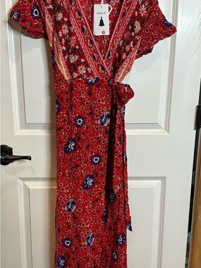 Zesica Red Floral Wrap Maxi Dress with Short Sleeves